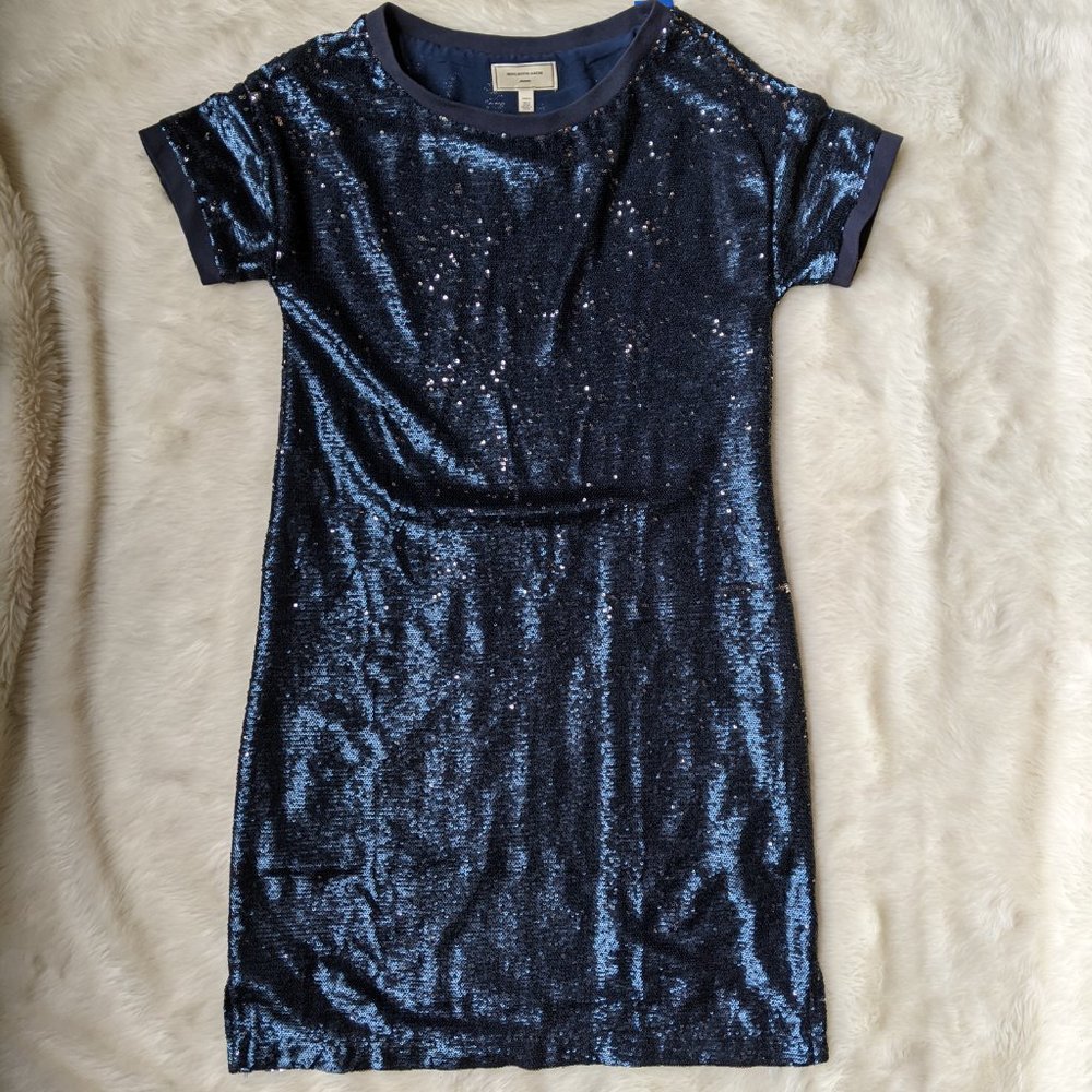 Moulinette Soers Navy & Silver Sequin Short Sleeve Dress / Size XS